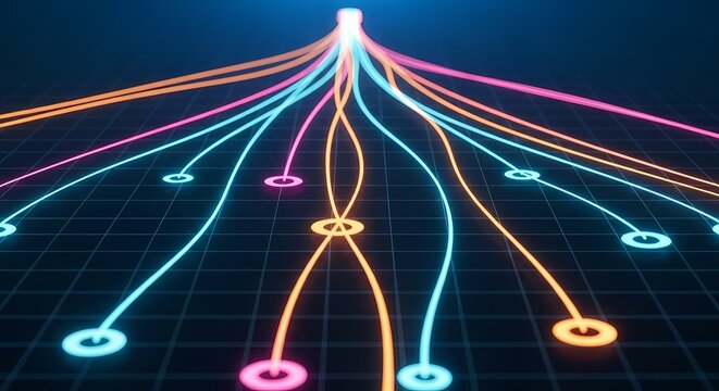 Futuristic Digital Data Network: Glowing Neon Lines illustrate centralized information flow, communication, and connections across a structured grid infrastructure.