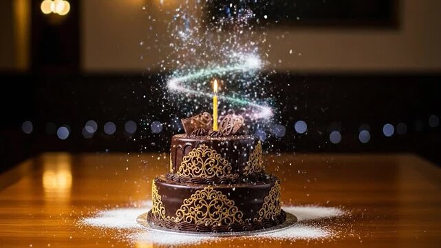 Chocolate birthday cake with lit candle and magical sparkles on wooden table.