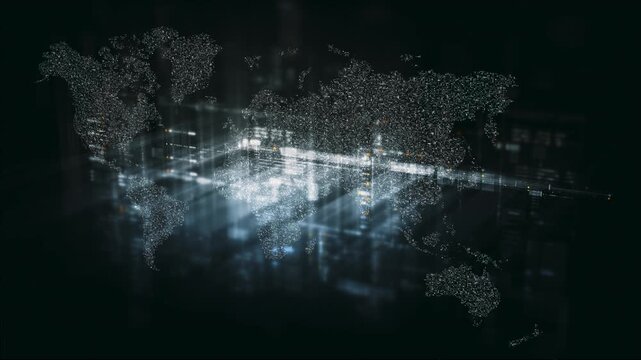 Global data network world map with matrix style grid, glowing HUD interface and streaming light trails, futuristic internet, IoT connectivity and digital simulation background