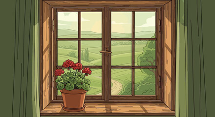 Serene countryside view from rustic window with potted flowers