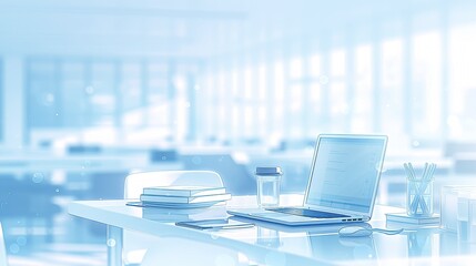 明るい日差しが差し込むオフィスデスクに置かれたパソコンと文房具のビジネス背景