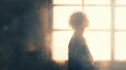 柔らかな光が差し込む窓辺で外を眺める人物の静かな横顔のシルエット