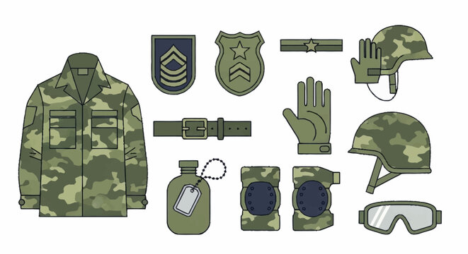 Military camouflage uniform and equipment set illustration.