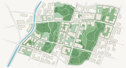 Obraz premium Modern Urban Planning Map with Green Parks, Residential Areas, and River - Sustainable City Design Overview
