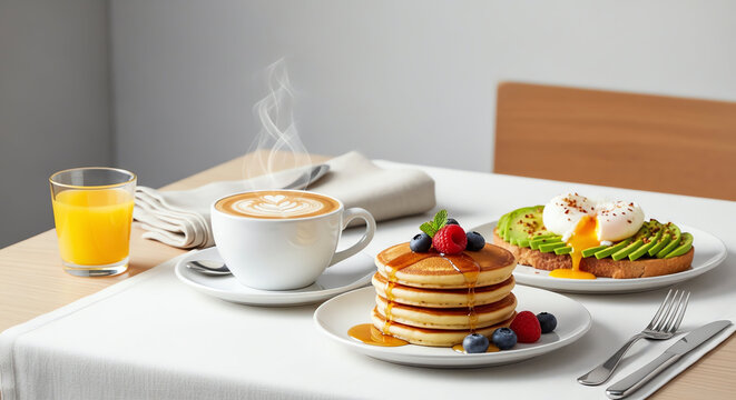 Breakfast Scene with Coffee, Orange Juice, and Pancakes on a Table.