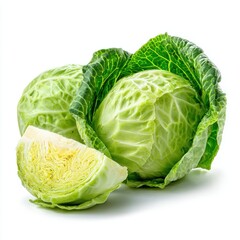 Fototapeta premium Two fresh whole heads of green cabbage and one quarter slice on white