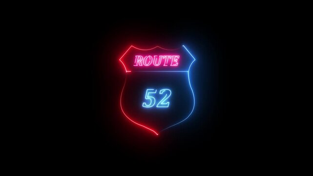 Neon Route 52 Shield Sign Glowing on Black Background neon sign road sign