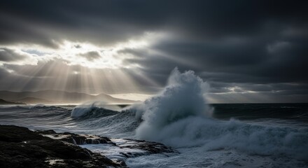 Fototapeta premium Ocean Waves Crashing on Rocky Shore Under Dramatic Sunlit Sky