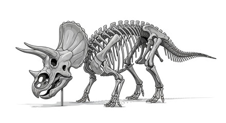 Detailed illustration of a Triceratops dinosaur skeleton on a white background, showcasing its bones and prehistoric anatomy. © Mukhamad