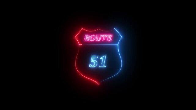 Neon Route 51 Shield Sign Glowing on Black Background neon sign road sign