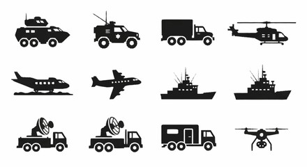 Obraz premium Collection of Military Vehicles and Aircraft Silhouettes.