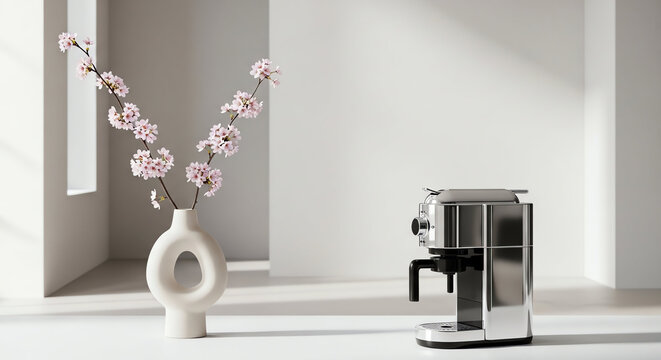 Modern coffee machine on a clean kitchen countertop with decorative vase and flowers.