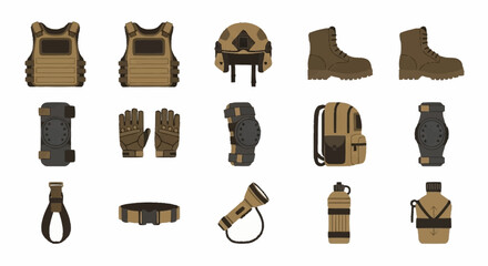 Military tactical gear and equipment set on white background. © Busbus