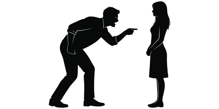 Flat vector illustration of confrontation silhouettes, aggressive pointing gesture, conflict communication, passive stance, behavioral analysis, interpersonal tension design