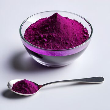 Bright Red Potassium Permanganate Powder Piled in Glass Bowl and Spoon