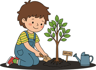 Cute boy planting a tree eco education flat vector illustration