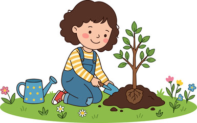 Cute boy planting a tree eco education flat vector illustration