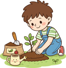 Cute boy planting a tree eco education flat vector illustration