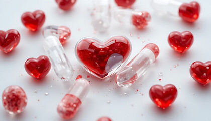 Red heart shaped capsules and pills on white background for love health concept