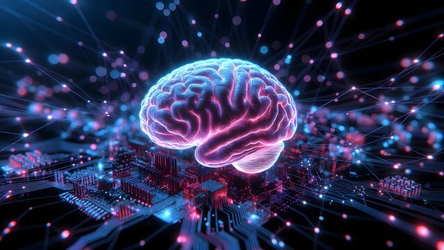Luminous brain pulsating with red and blue light on a digital grid. Deep learning and supercomputer power. Cybernetic mind integrated into a high performance motherboard architecture.