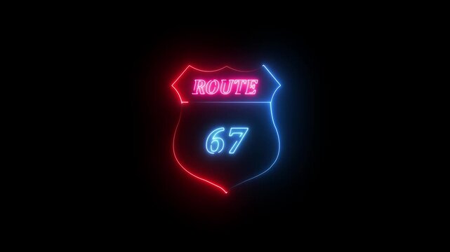 Neon Route 67 Shield Sign Glowing on Black Background image photo