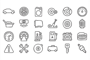 Car maintenance and dashboard symbols icon collection in vector line style
