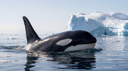 Orca killer whale surfacing in arctic ocean with iceberg in background
