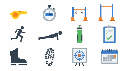 Fototapeta premium Sports icons set including whistle, stopwatch, hurdles, and athletic equipment.