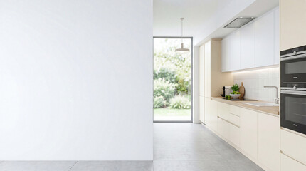 Fototapeta premium Modern Contemporary kitchen room interior .white and cream color material 3d render 