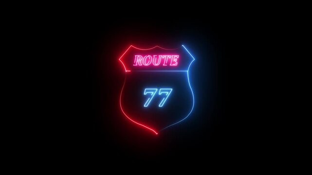 Neon Route 77 Shield Sign Glowing Against Black Background neon sign road sign