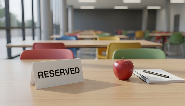 A lunch table with a reserved sign and an apple in a modern school cafeteria, symbolizing learning and exclusivity concept