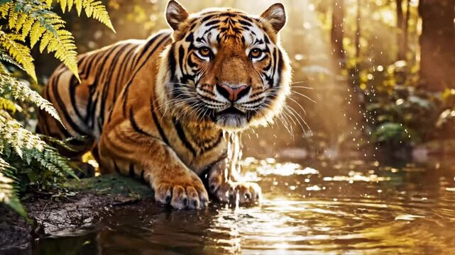 Bengal tiger gracefully drinking water from a tranquil pond in a sunlit forest, reflecting natural beauty and wildlife conservation