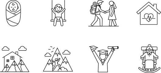 Fototapeta premium Family life and parenting line icons vector set with baby swing hiking home and elderly care