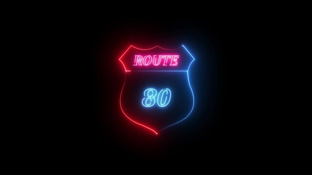 Neon Route 80 Shield Sign Glowing Against Black Background neon sign road sign