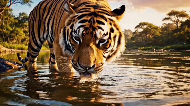 Majestic tiger prowling through reflective waters in golden light, a powerful and awe-inspiring nature scene, perfect for wildlife documentaries