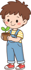 Cute boy holding plant sprout eco education flat vector illustration