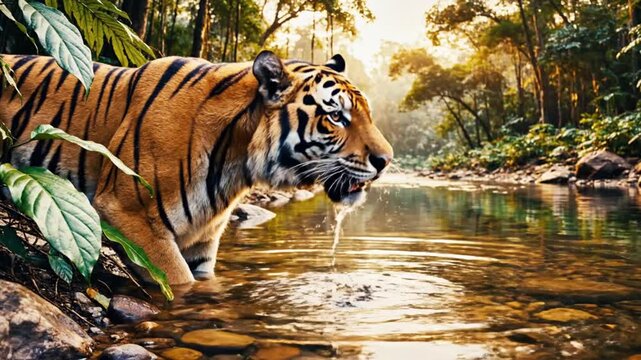Stunning Bengal tiger drinking from a clear stream in a lush jungle at sunset, creating a vibrant and dynamic scene of nature's beauty