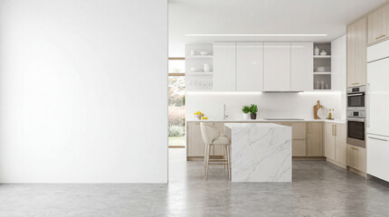  Modern Contemporary kitchen room interior .white and cream color material 3d render 
