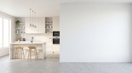  Modern Contemporary kitchen room interior .white and cream color material 3d render 