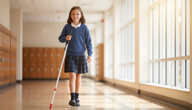 Young girl confidently walking with a white cane (walking stick) at school, embodying an independence and inclusion concept in education.