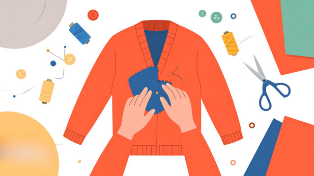 Clothing repair and sewing concept with hands stitching torn sweater, DIY garment mending tools flat vector illustration