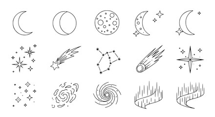 Obraz premium Celestial body set with moon phases, stars, and comets featuring star, comet, constellation with galaxy and astronomy
