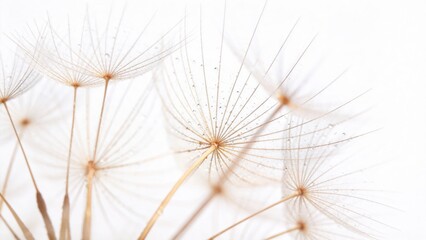 Dandelion seeds with water droplets soft focus on white background macro nature photography delicate plant details spring growth fresh morning dew natural textures organic forms
