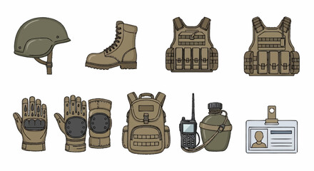 Military tactical gear set with various equipment and accessories. © Busbus