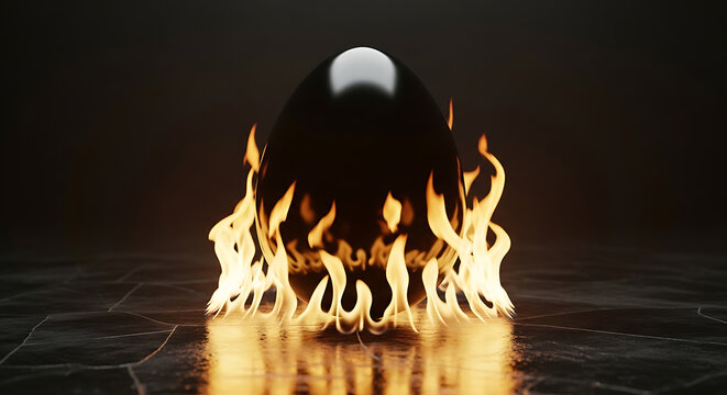 Black Egg Engulfed in Flames on a Cracked Dark Surface fire burning