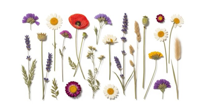 Pressed wildflowers collection with colorful blossoms and grasses, botanical clipart set for scrapbooking, journaling, herbarium art, nature crafts and design

