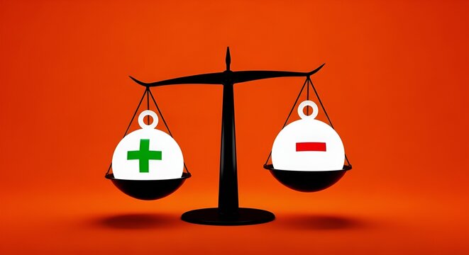 A conceptual balance scale weighing positive and negative aspects on a vibrant orange background, representing decision-making.