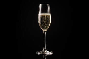 Tall Champagne Flute With Rising Bubbles Isolated Against Deep Black Background.