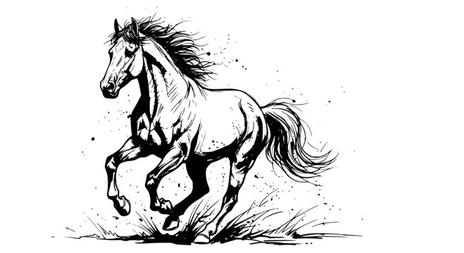 Horse galloping with mane flying and dust kicked up, black ink sketch featuring running, speed, power with freedom and