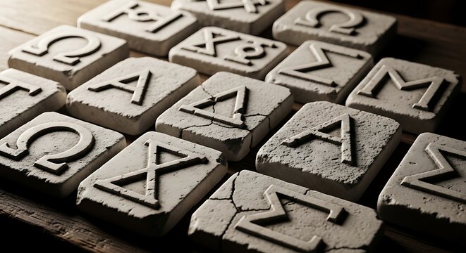 A close-up of weathered stone tiles with embossed symbols